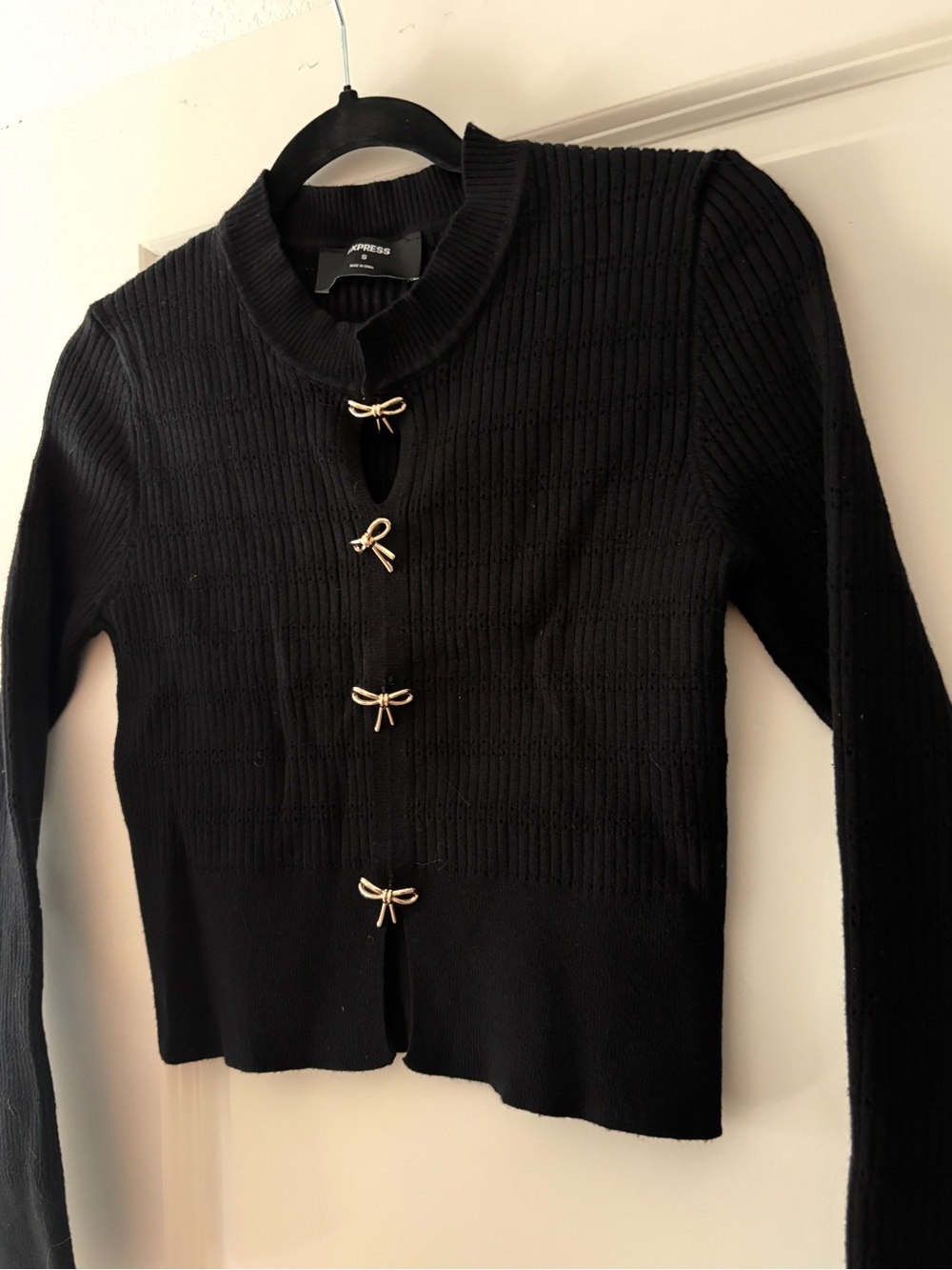Express Black Ribbed Cardigan with Gold Accent Buttons